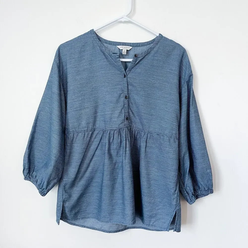 Lucky Brand Womens Striped Popover Top Indigo Multi Small Casual Cotton Lyocell - Picture 5 of 12